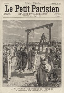 Kivégzés két bérgyilkos felakasztásával Tunisz közelében, Tunéziában (metszet) alkotó: French School