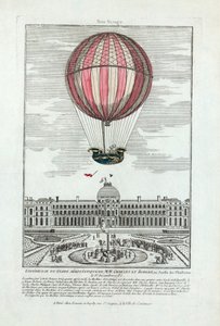Az MM aerosztatikus földgömbjének tapasztalatai. Charles és Robert a Jardin des Thuileries-ben 1783. december 1-jén, kocsma. 1783 (kézzel színezett metszet) alkotó: French School