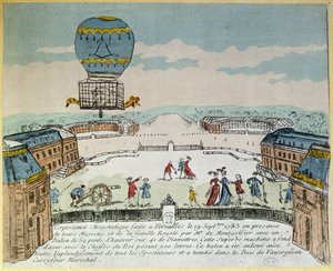 A Montgolfier testvérek Versailles-i kísérlete egy Montgolfiere hőlégballonon egy kakas, egy kacsa és egy birka repülésével 1783. szeptember 19-én alkotó: French School