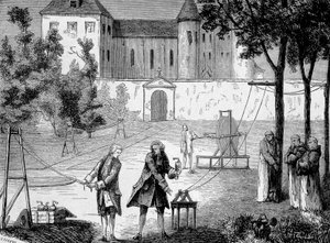 Lemonnier 1746-ban a Chartreux-i kolostorban végzett kísérlete az elektromosság sebességének értékelésére – az „Album de la Science; jeles tudósok; Nagy felfedezések””” 1896. alkotó: French School