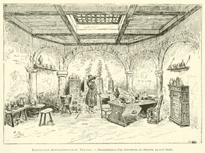 Retrospektív kiállítás a munkáról, egy 17. századi vegyészlaboratórium rekonstrukciója (metszet) alkotó: French School