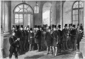 Mac-Mahon (Mac Mahon) marechal elnöki mandátumának meghosszabbítása, a septennat felállítása Franciaországban, 1873. november: Assembllee de Versailles bejárati ajtajának képe, a prorogáció tárgyalásának napján. Balról jobbra alkotó: French School