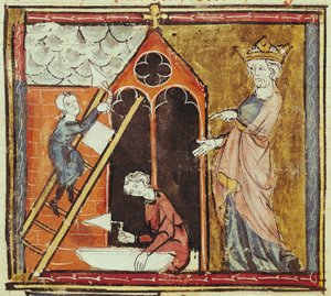 F.235v VI. Lajos király (1080-1137) Egy templom építését figyeli, a Grandes Chroniques de France-ból 1375-79 alkotó: French School