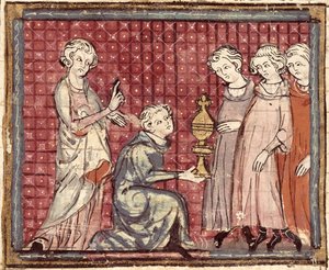 F.29r A királyság felosztása Clotaire I. halála miatt (497-561), a Grandes Chroniques de France 1375-79. alkotó: French School