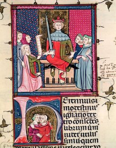 F.39r Házastársi jog, házasságtörő feleség a bíróság előtt, Justinianiból Fortiatumban alkotó: French School