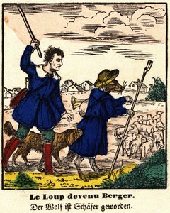 Fables de La Fontaine: a farkasból pásztor lett. Epinal képe, 19. század első fele. alkotó: French School