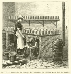 Fabrication du fromage de Camembert, le caille est verse dans les moules (engraving) alkotó: French School