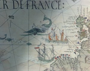 A bálnavadászat és az Isle of Saint Brandon fakszimile, Pierre Desceliers portolán térképének részlete, 1546, Edme Francois Jomard (1777-1862) a Monuments de la Geographie-ban publikálta
