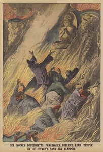 Fanatikus buddhista szerzetesek felgyújtják templomukat és a lángokba vetik magukat Formosa szigetén (színes litho) alkotó: French School