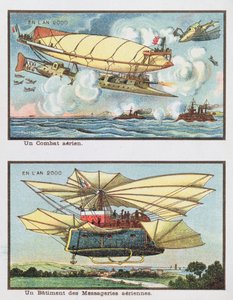 Fantasy ábrázolások egy légi csatáról és egy teherszállító repülőgépről 2000-ben, 1910 körül alkotó: French School
