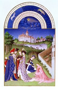 Április fakszimile: udvari alakok a kastély területén a Limbourg fivérektől, a Tres Riches Heures du Duc de Berry-től (az eredetit lásd: 8436) alkotó: French School