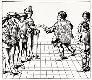 A fegyverek királyának divatja és modora, a Tournois du roy Rene-ből, illusztráció a Tudomány és Irodalom a középkorban és a reneszánszban, írta és metszett: Paul Lacroix, 1878 (metszet) alkotó: French School
