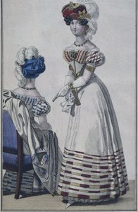 Divattányér, Párizs, illusztráció a Le Petit Courrier des Damesből, 1820 körül (színes gravírozás) alkotó: French School
