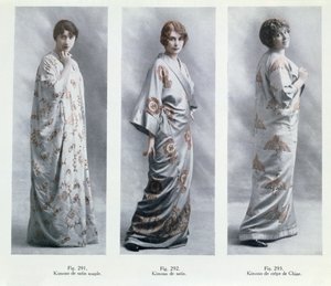 Modeplatten mit Designs für Kimonos, Illustrationen aus Le Jardin des Modes Nouvelles, 15. April 1913 von French School