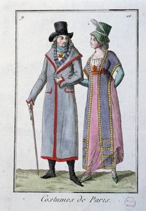 Divat a Directoroire alatt: pár elegáns párizsi. 1795. névtelen litográfiája. Párizs, jelmezmúzeum alkotó: French School