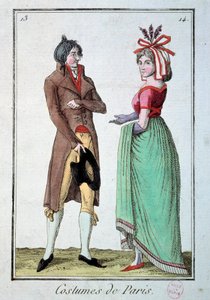 Divat a könyvtár alatt: egy pár elegáns, a nő kalapot visel a kertésznél. Metszet 1795-ből. Párizs, viseletmúzeum alkotó: French School