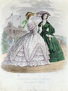 Divatos párizsi hölgyek a tengerparton, 1861 (színes metszet) alkotó: French School