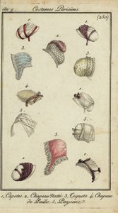 Divatos kalapok 1800-ból (kézzel színezett rézmetszet) alkotó: French School