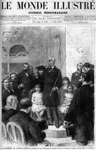 Ferdinand de Lesseps családja és útitársai veszik körül, és elmeséli panamai utazását a Salle de la Sorbonne-ban. Az 1880-as „Illustrous World” borítója. alkotó: French School