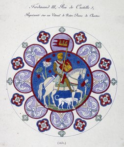 III. Fernánd, Kasztília királya a Notre Dame de Chartres-i ólomüvegen (1252) ábrázolja. Főiskolai hasonlat. alkotó: French School