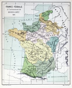 Feudális Franciaország Hugues Capet 987-es csatlakozása idején, a térkép egy Histoire de France-ban illusztrált, 1880 körül