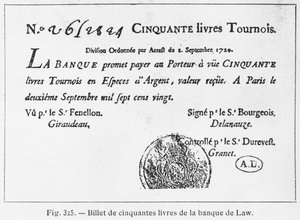 Ötven fontos francia bankjegy a Law Banktól, 1720. szeptember 2-án alkotó: French School