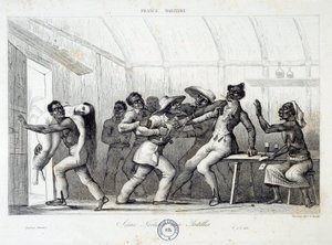 Egy nyugat-indiai kocsmában harcolva rablók elrabolnak egy fiatal fehér nőt. 19. századi metszet. Chartres, Szépművészeti Múzeum alkotó: French School
