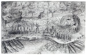 Huronok elleni harc, Samuel de Champlain (1567-1635) 1624-es "Champlain útja" című művéből. alkotó: French School