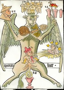 Szent Lukács evangélistát szimbolizáló figura: bika kötődik Jerikó városához (vagy Jeruzsálemhez), szőlőfürt, próféta, megjelenik az utolsó ítélet Krisztusa csillagokkal és napsugarakkal, zsidó portré, kehely . Metszet az „Ars alkotó: French School