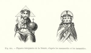 Háromfejű Szentháromság-figurák kéziratokból és inkunabulumokból (metszet) alkotó: French School