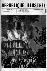 A Flore pavilon tüze a párizsi Tuileriákban. Egy újság. Metszet 1880-ból a „La republique illustree”” magángyűjteményben. alkotó: French School