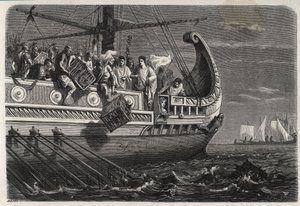 Első pun háború – Publius Claudius Appius Pulcher (meghalt Kr.e. 240 körül) a drepanumi csata előtt (i.e. 249) szent csirkéket vet a tengerbe – Első pun háború – Drepanai csata – Publius Claudius Appius Pulcher a drepanumi csata előtt alkotó: French School