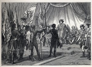 Első koalíció: Joachim Murat (1767-1815) bemutatja a végrehajtó testületnek a Bonaparte Napóleon által irányított francia hadsereg által az olasz hadjárat során meghódított zászlókat. Metszet 1889-ből. Magángyűjtemény. alkotó: French School