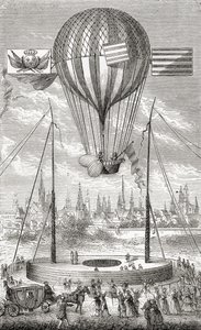 Első repülés irányítható ballonnal, Dijonból, 1784. június 12-én, a "Csodálatos léggömbemelkedések vagy az égbolt meghódítása" című filmből, Fulgence Marion 1870 körül. alkotó: French School