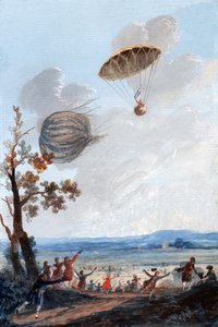 Az első ember, aki leereszkedett ejtőernyővel, 1797. október 22-én, a Parc Monceau-ban, Párizsban, 1797 körül alkotó: French School