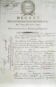 A Palais du Louvre múzeumként való létrehozásáról szóló, 1793. július 27-i nemzeti egyezmény titkának első oldala alkotó: French School