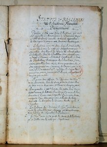 A Francia Akadémia alapszabályának első oldala, 1635 (tintával papíron) (lásd még: 179947) alkotó: French School