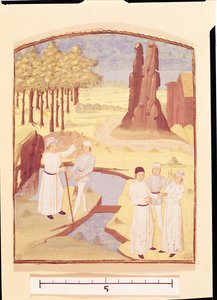 Öt ember beszélget a kerttervezésről, a Livre des Prouffitz Champestrestől, Pietro de Crescenzi (1230-132021) alkotó: French School
