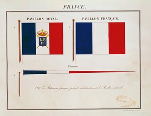 I. Lajos Fülöp zászlaja, a tengeri hatalmak pavilonjaiból (színes metszet) alkotó: French School