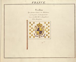Dauphin és Dauphine, Louis-Antoine és Marie-Therese francia zászlaja, a Tengerészeti Hatalmak Pavilonjaiból, 1815-30 körül (színes metszet) alkotó: French School