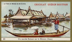Úszó piac a Menam folyón, Sziám (chromolitho) alkotó: French School