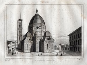 Firenzei katedrális – kilátás a firenzei katedrálisra (Duomo Santa Maria del Fiore). A kupolát Filippo Brunelleschi készítette 1420-1436 körül, Firenze, Olaszország - Metszet a „” Italy festői”-ből” – Olaszország történelmi és leíró táblázata”, M. de alkotó: French School