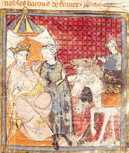 Fol.133r Roland búcsút int Nagy Károlynak (742-814), Grandes Chroniques de France, 1375-79 alkotó: French School