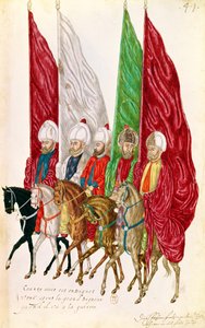 Fol. 41 Men with Standards After the Seigneur to War, a „Mores et Costumes des Pays Orientaux et Habillements de Different Pays”-ből, az 1513-as eredeti példány másolata alkotó: French School
