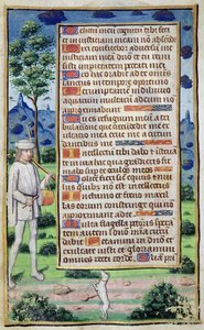 Fol.50v Szövegoldal egy kutyáját táncoló zenész szegélyrészletével, a „Heures de l