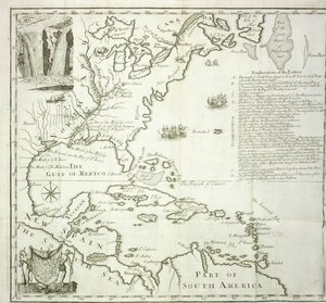 Észak-Amerika Atlanti-óceán partjának kihajtható térképe, 1714 alkotó: French School