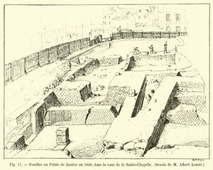 Ásatások a Palais de Justice-ban 1848-ban, a Sainte-Chapelle udvarán, M Albert Lenoir rajza alkotó: French School