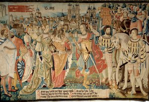 Reims város alapítása: Remus feleségül vette lányát Francus királyhoz, Hektór fiához. „A gallok mesés története” gobelin, amelyet az Arras műhely készítette alkotó: French School