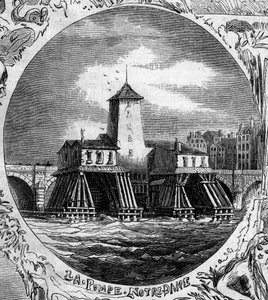 Párizs szökőkútja: kilátás a Pompe Notre Dame-ra (1676). Ezt a hidraulikus szivattyút 1858-ban lebontották. Metszet a „” Le Monde Illustré”” 254. számában, február 22. alkotó: French School