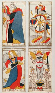 Négy Tarot kártya, amelyek a Remete, a Szerencsekerék, a Mérséklet és az Ördögöt ábrázolják (színes fametszet) alkotó: French School